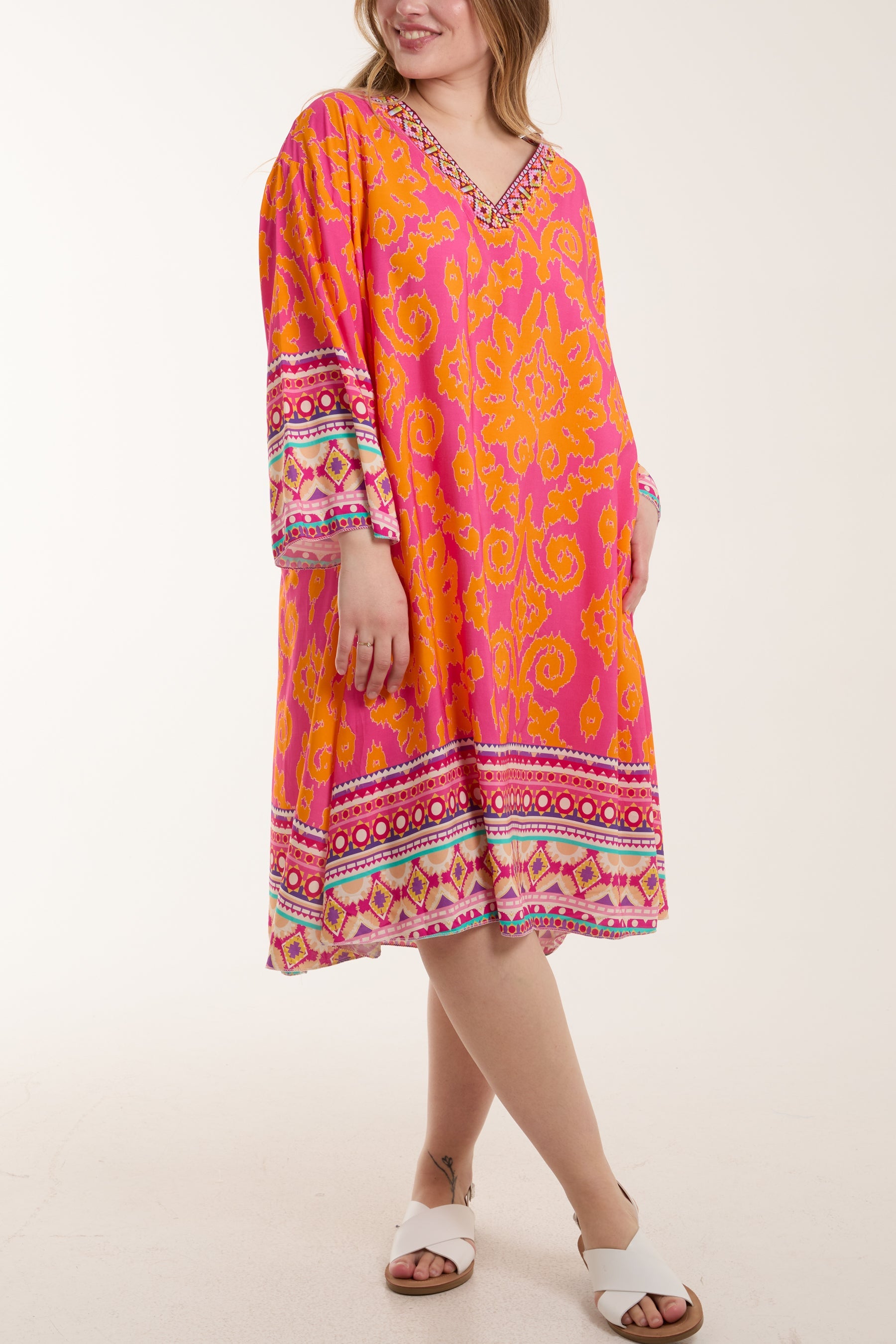 Embroidery V-Neck Printed Tunic Dress Dresses WearAll