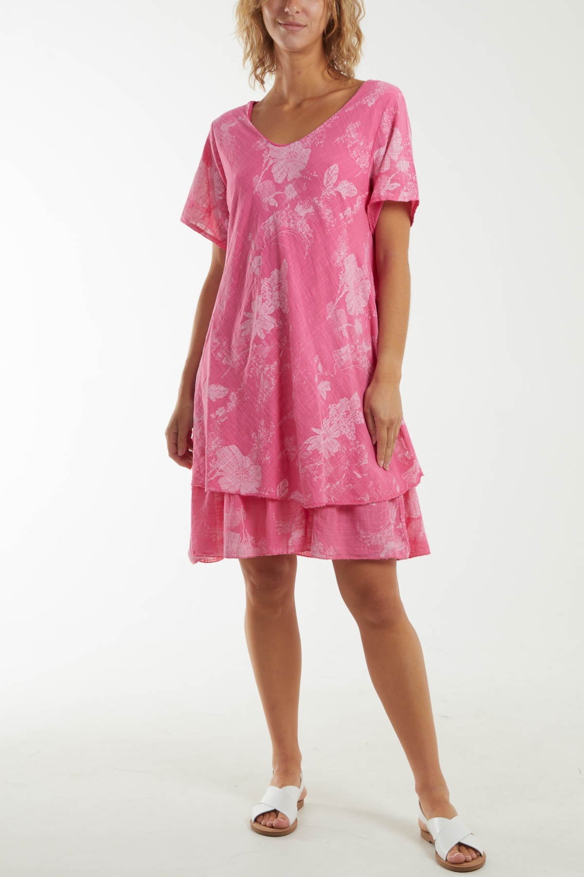 Floral Double Layer Short Sleeve Dress Dresses WearAll Hot Pink One Size