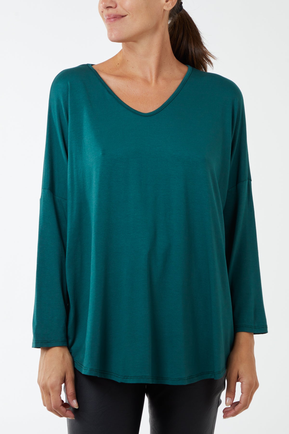 High Low Curved Hem Long Sleeve Top TOPMF2 WearAll Bottle Green One Size