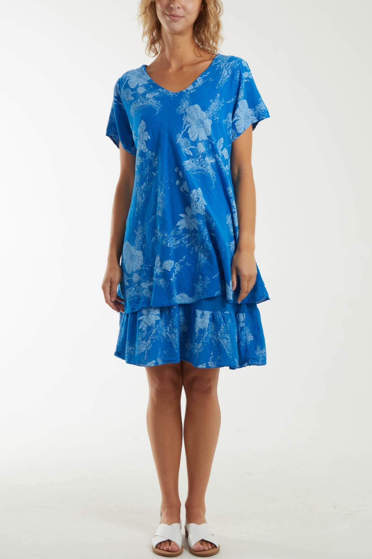 Floral Double Layer Short Sleeve Dress Dresses WearAll Royal Blue One Size