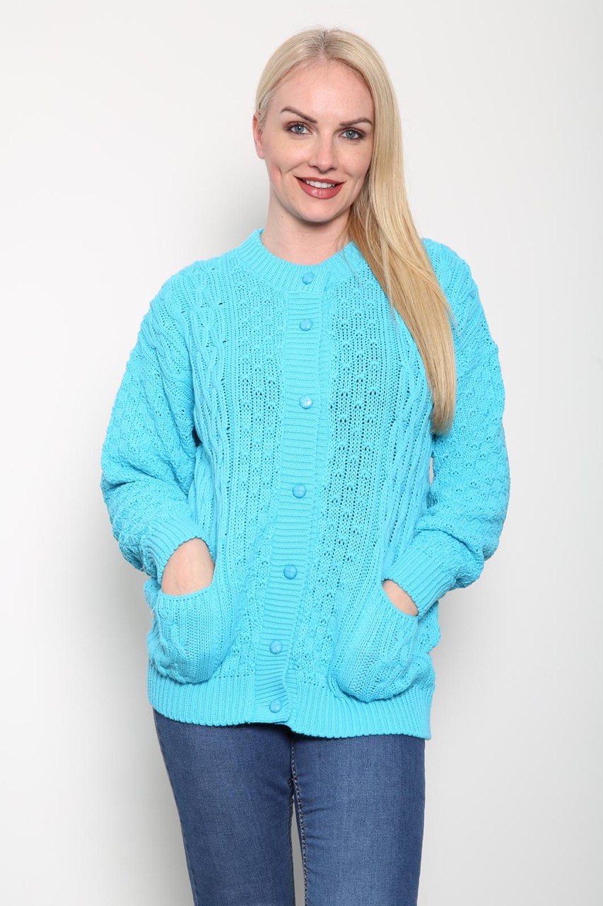 Chunky Cable Knit Long Sleeve Cardigan cardigan WearAll Turquoise 16-18