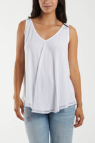 Tassel Hem V-Neck Vest Tops WearAll White One Size