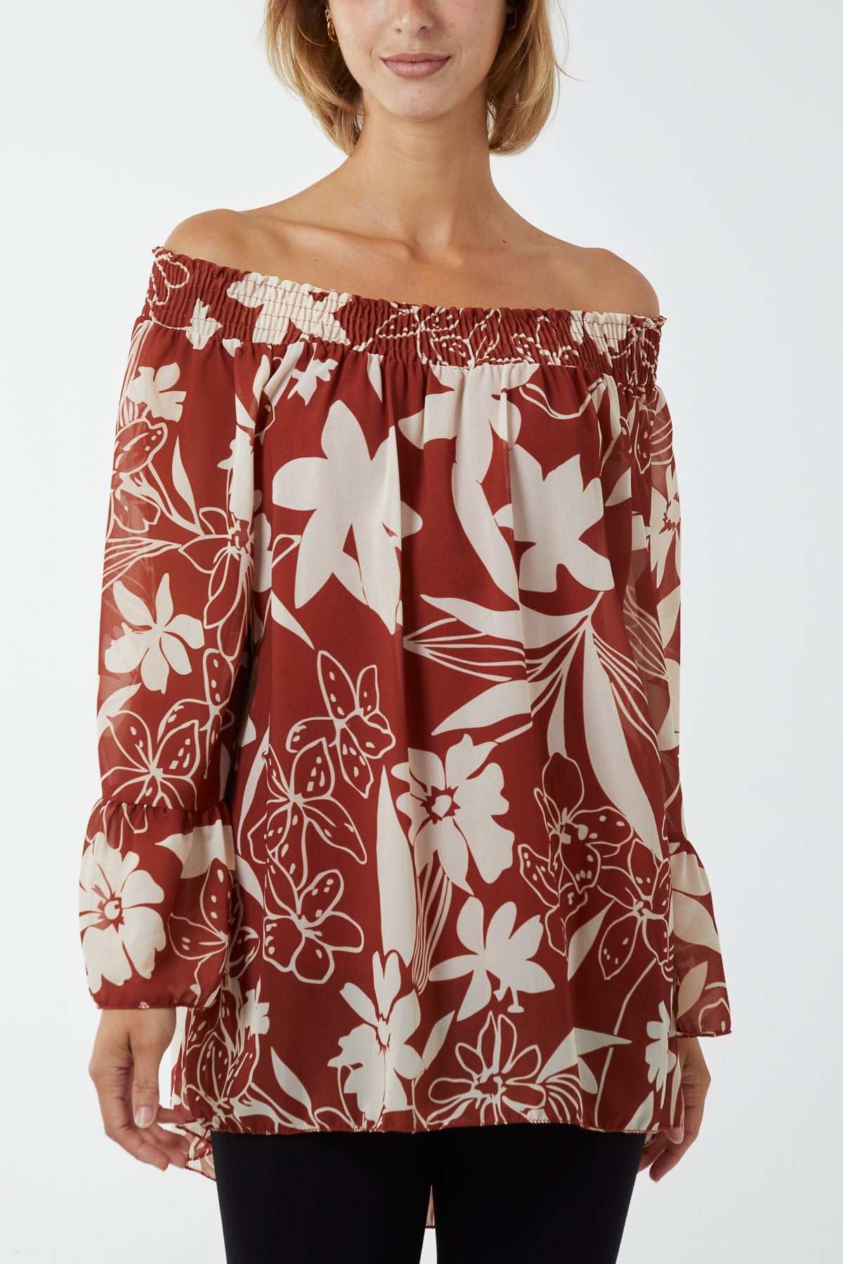 Floral Bardot Long Sleeve Blouse TOPMF2 WearAll Rust One Size