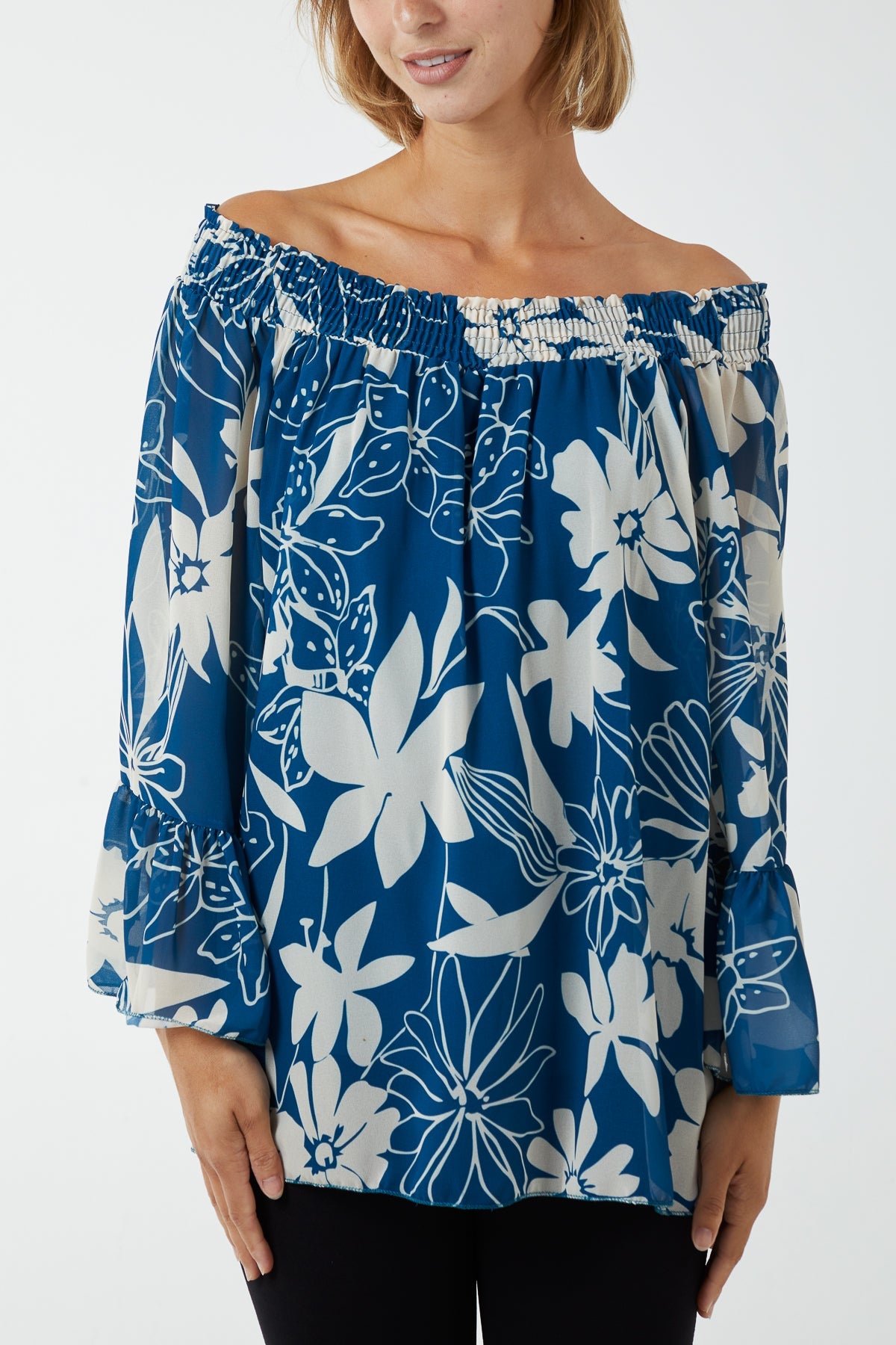 Floral Bardot Long Sleeve Blouse TOPMF2 WearAll Blue One Size