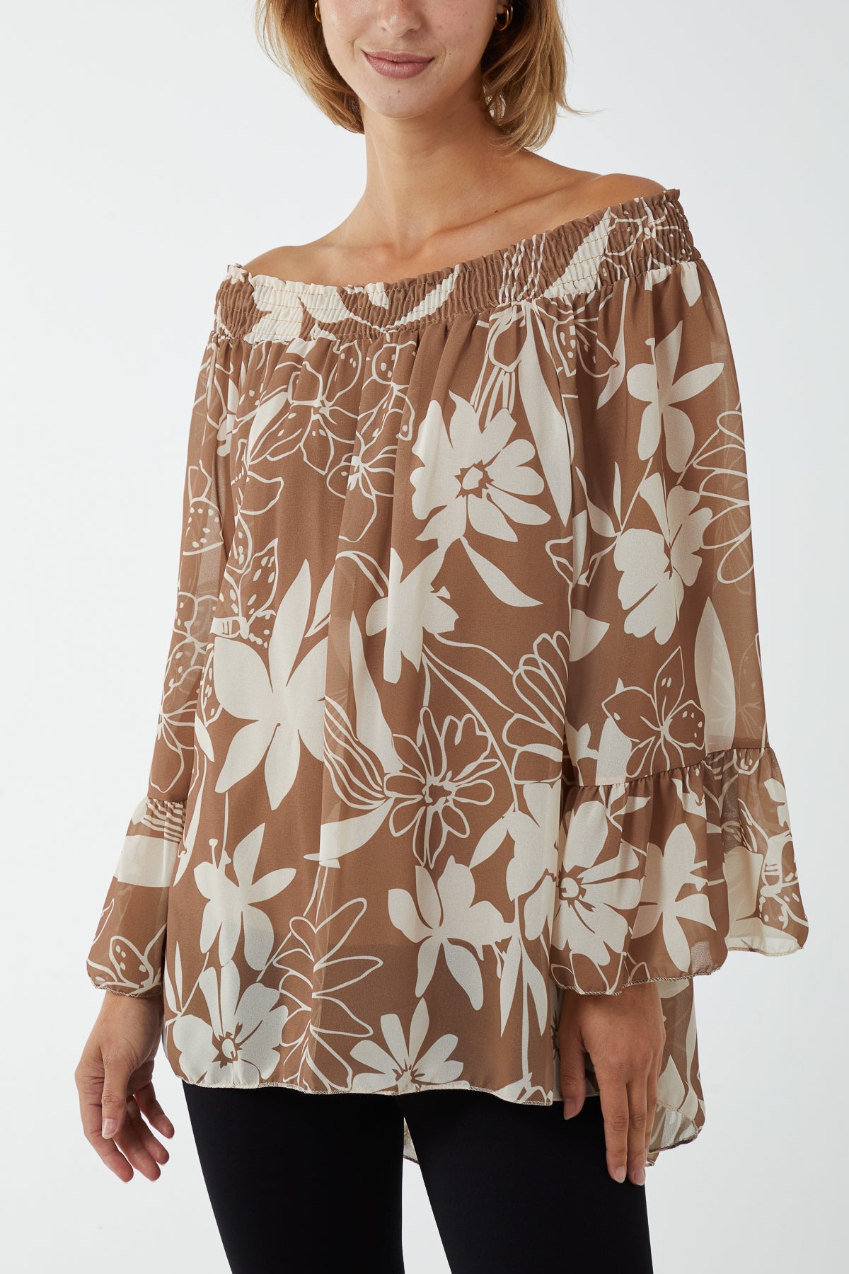 Floral Bardot Long Sleeve Blouse TOPMF2 WearAll Camel One Size