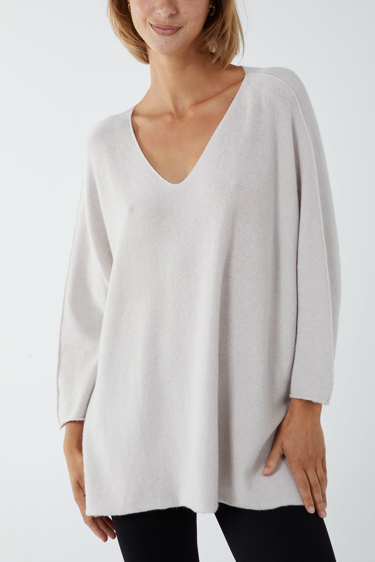 V-Neck Oversized Fine Knit Jumper Top WearAll Beige One Size