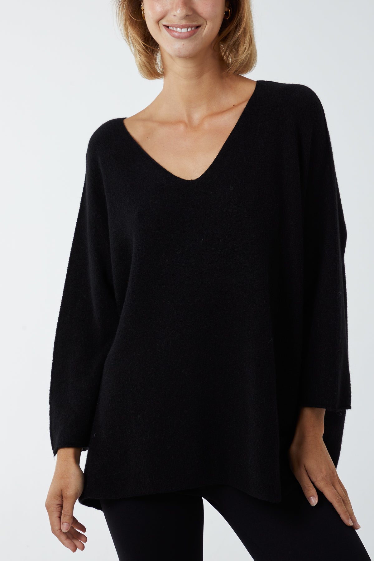 V-Neck Oversized Fine Knit Jumper Top WearAll Black One Size