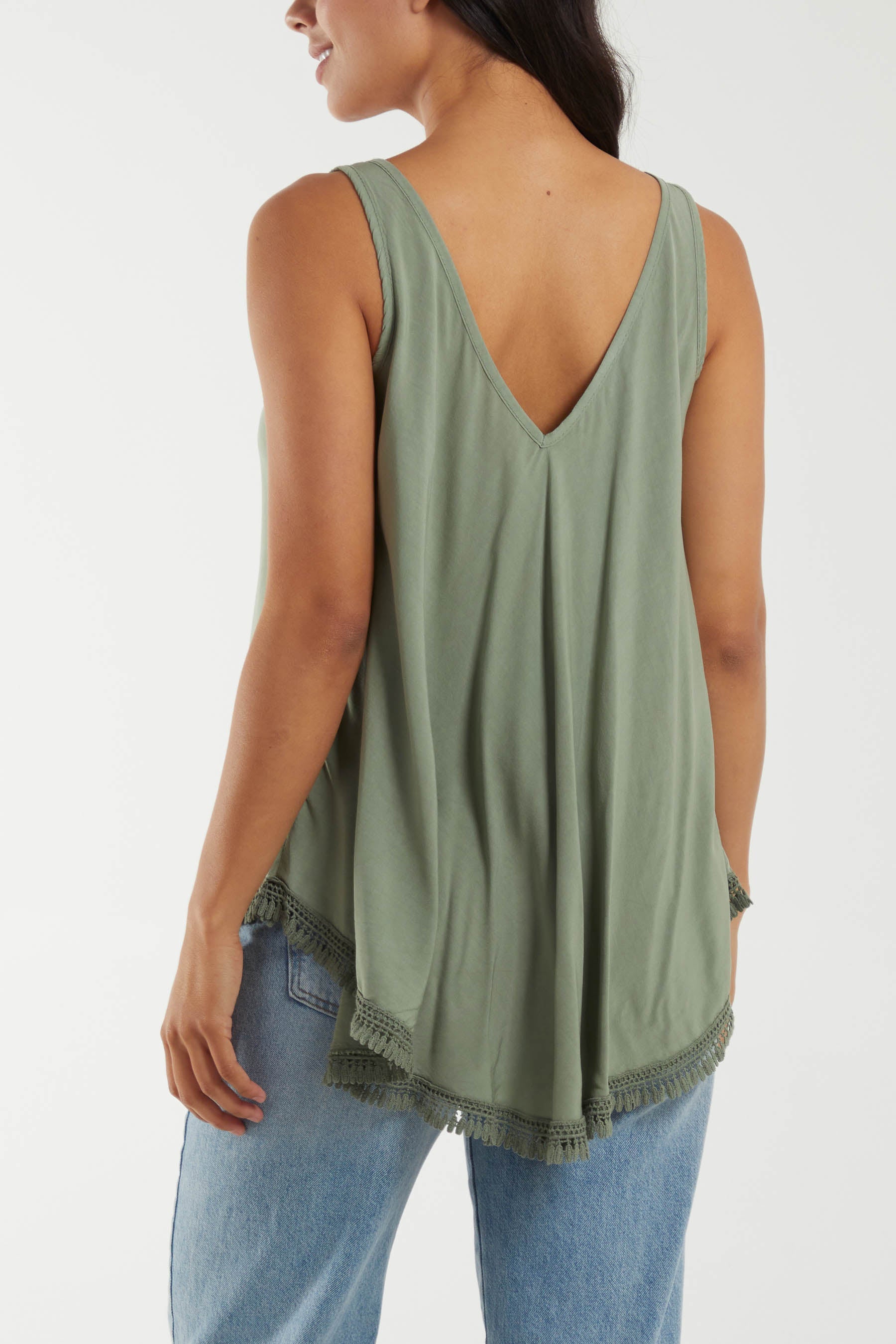 Tassel Hem V-Neck Vest Tops WearAll