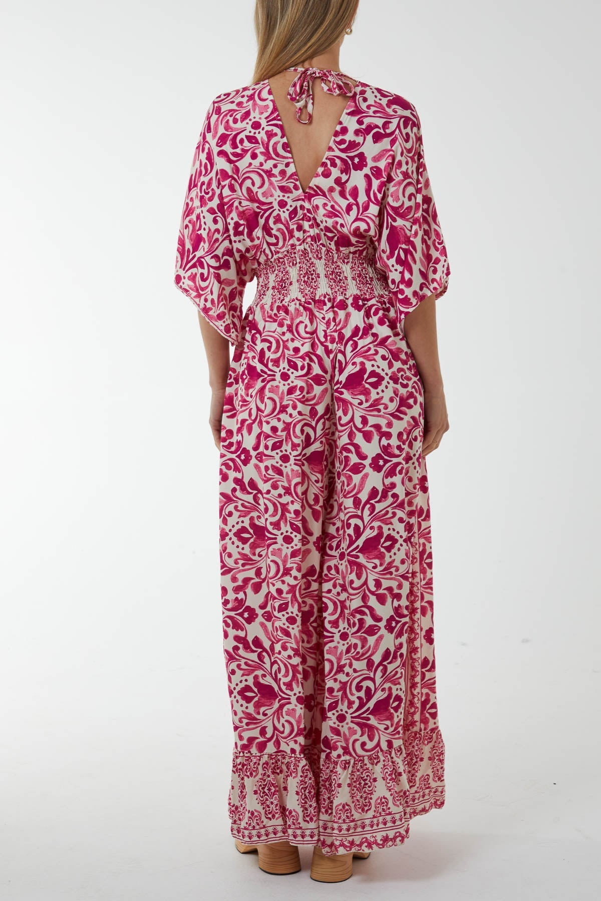 Baroque Tie Back Shirred Wide Leg Jumpsuit Jumpsuits WearAll