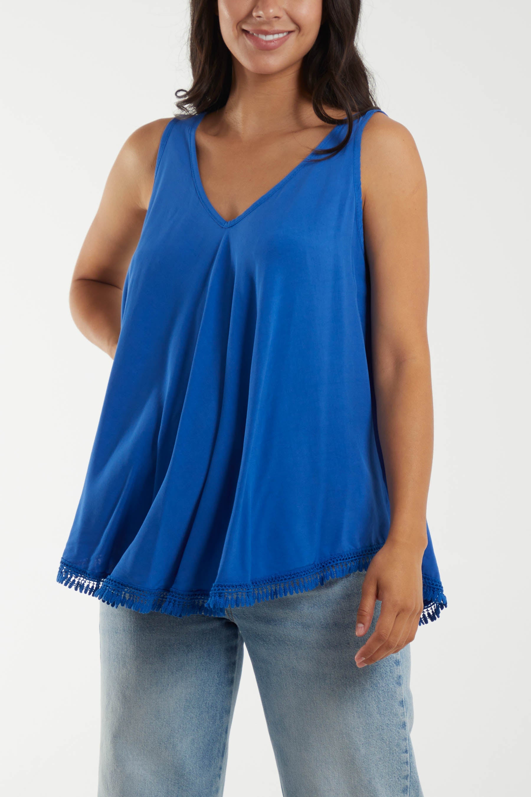 Tassel Hem V-Neck Vest Tops WearAll Royal Blue One Size