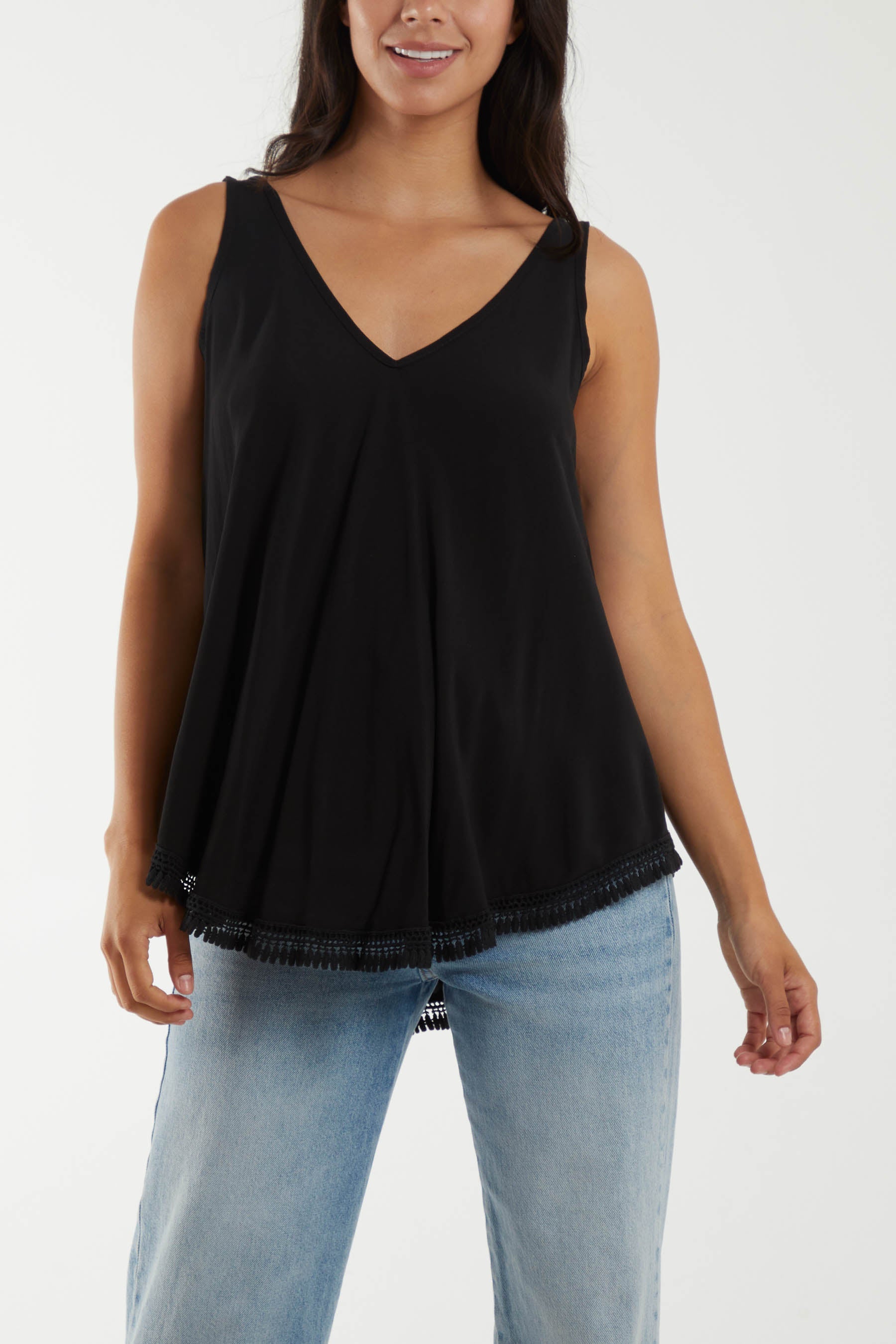 Tassel Hem V-Neck Vest Tops WearAll Black One Size