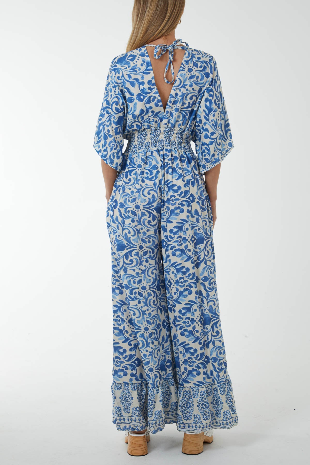 Baroque Tie Back Shirred Wide Leg Jumpsuit Jumpsuits WearAll