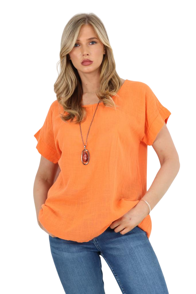 Italian Short Sleeve Necklace Top Tops WearAll Orange 8-10