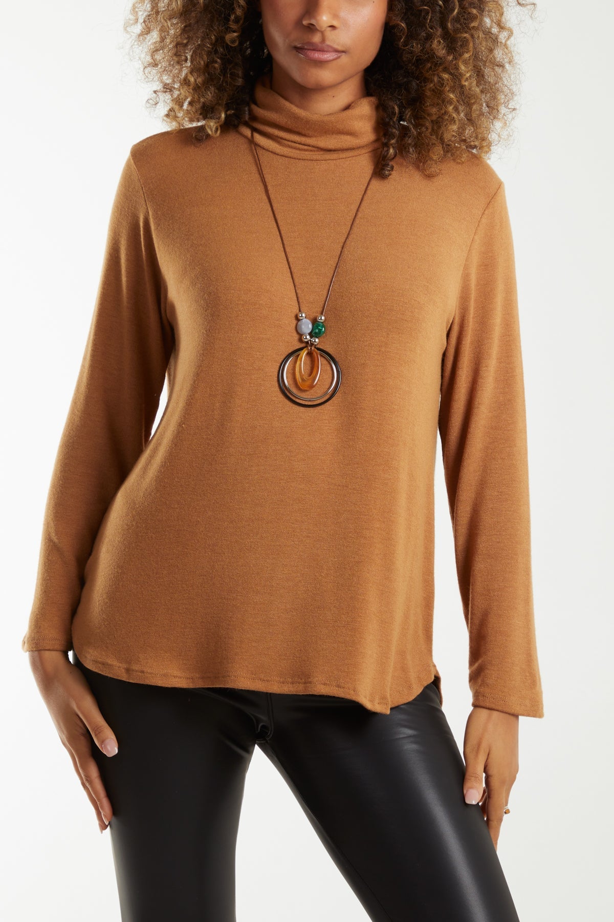 Fine Knit Roll Neck Jumper w/ Necklace Jumpers WearAll Camel One Size