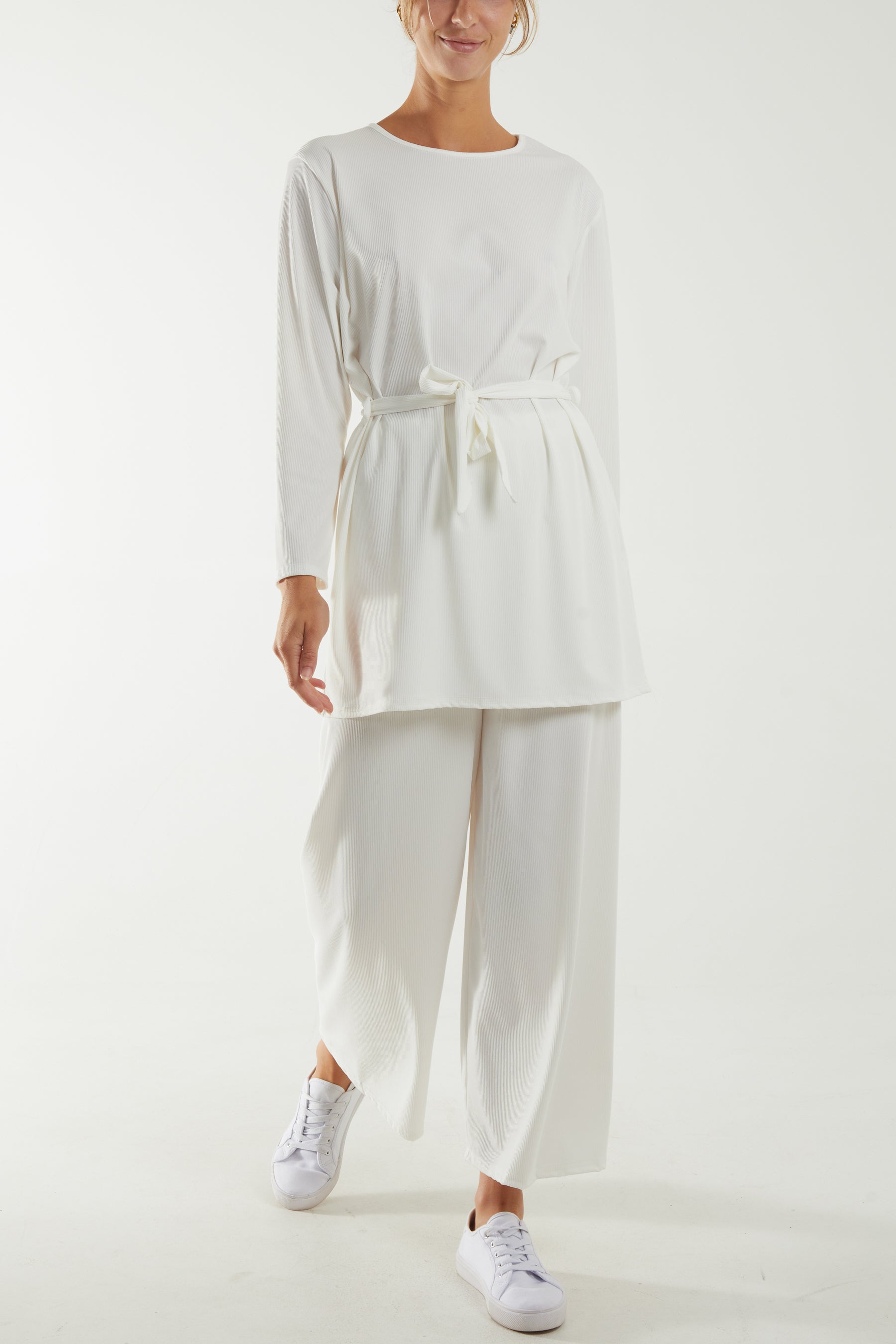 Tied Front Top & Trousers Belted Set Co-Ords WearAll Cream One Size