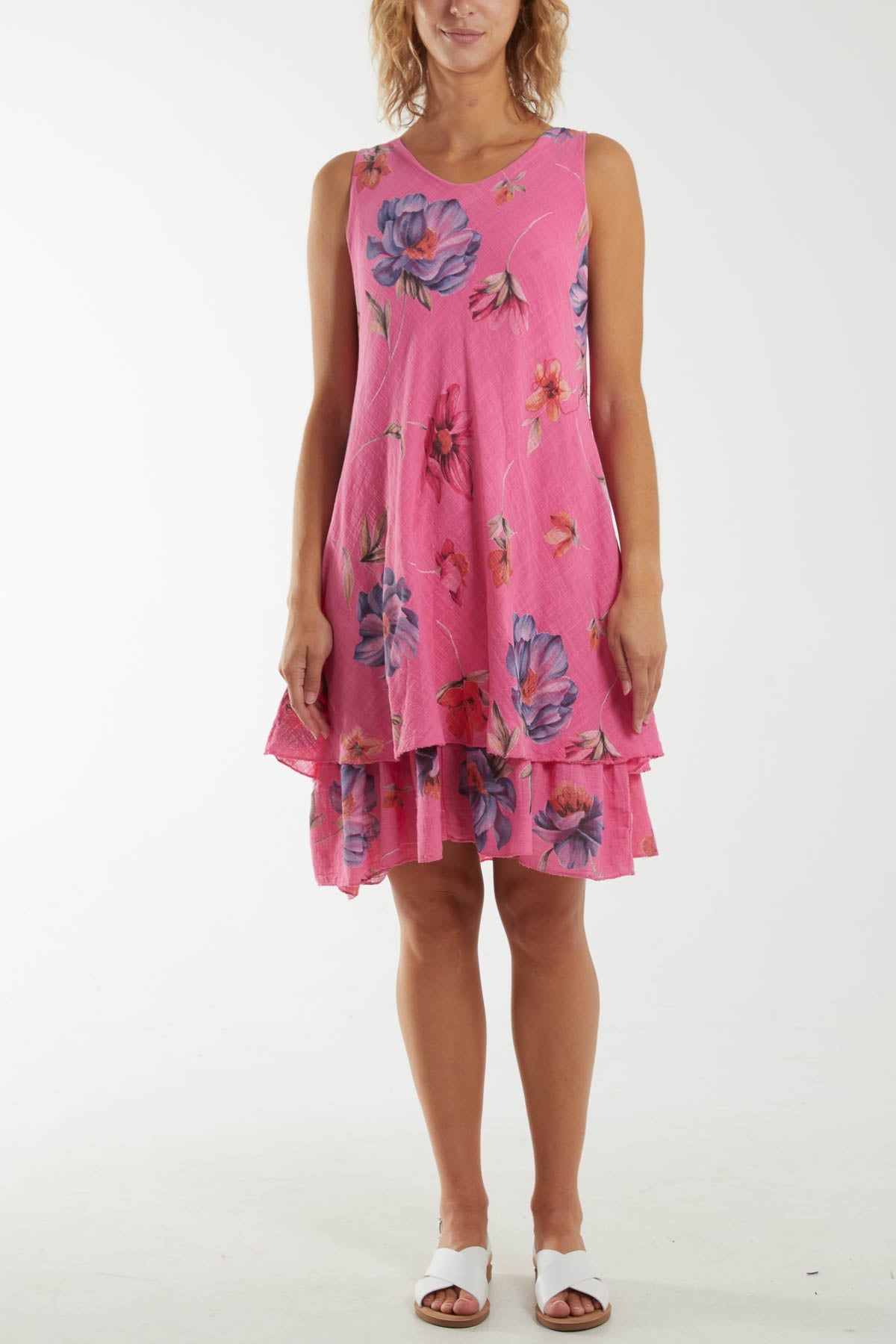 Floral Double Layer Sleeveless Dress Dresses WearAll Hot Pink One Size