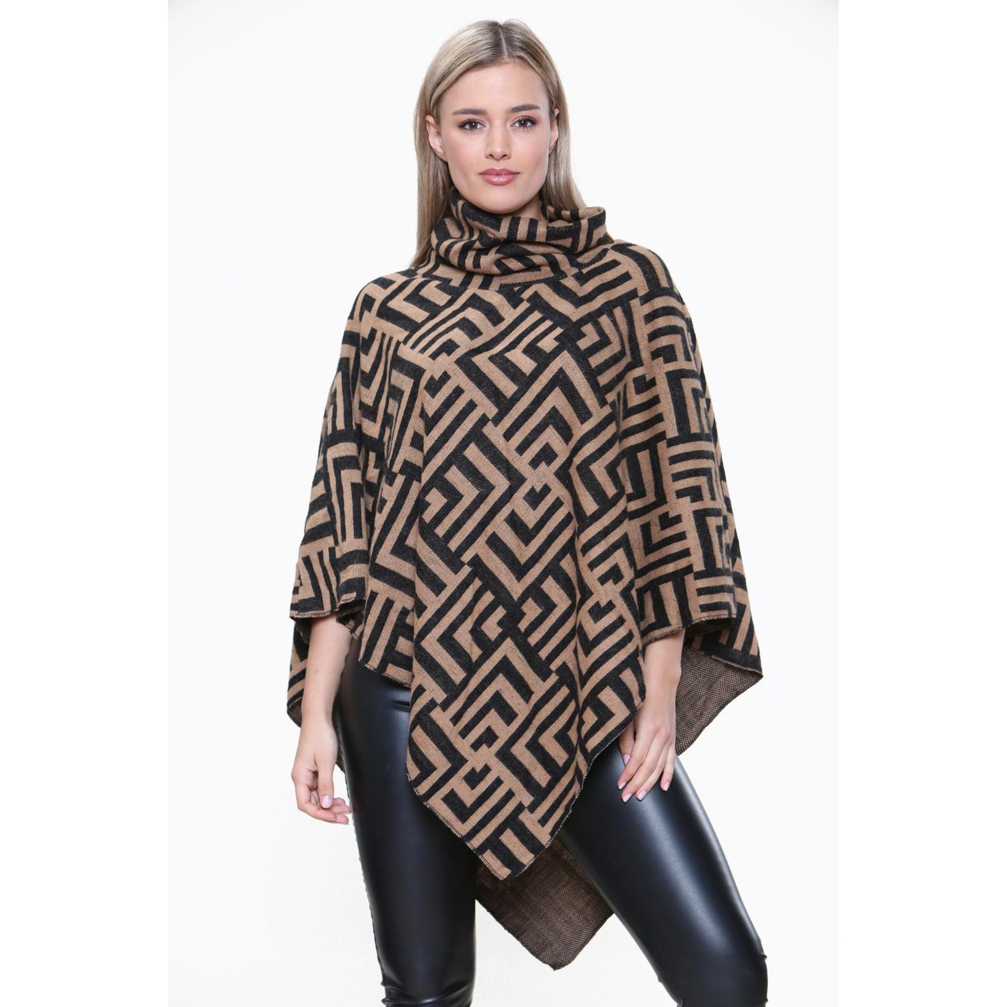 Italian High Neck Poncho Knit Shawl Sweater WearAll Camel 14-22