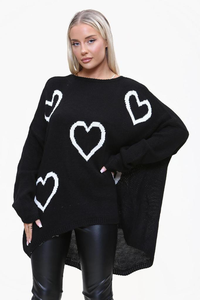 Heart Print Oversized Jumper Jumper & Cardigan WearAll Black 12-24