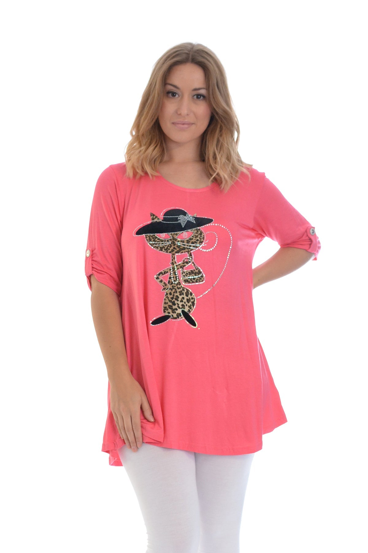 Cat Animal Print Short Sleeve Top Tops WearAll Cerise 14