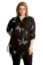 Butterfly Print Side Slit Curved Hem Top Tops WearAll Black 16