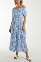 Paisley Bardot Shirred Bodice Midi Dress Dresses WearAll Royal Blue One Size