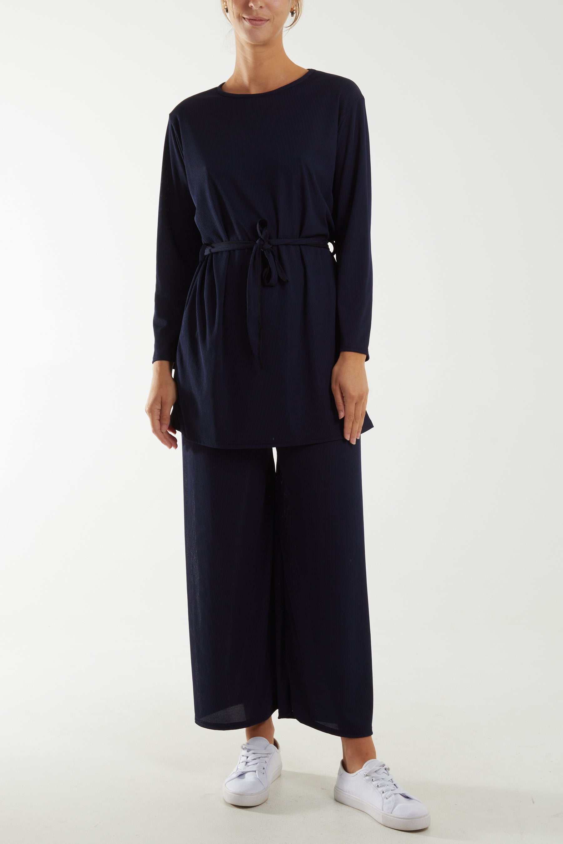 Tied Front Top & Trousers Belted Set Co-Ords WearAll Navy One Size