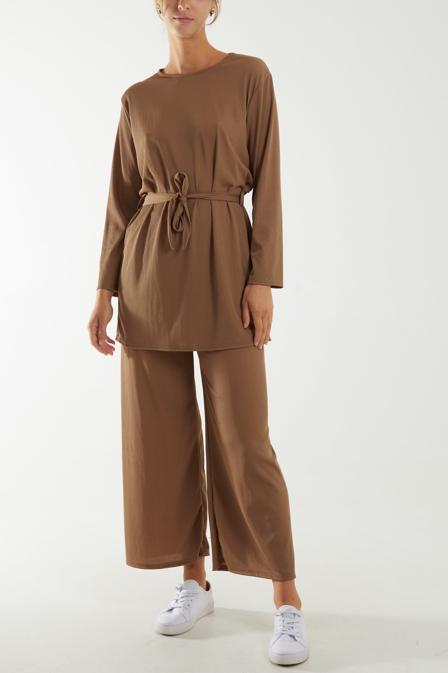 Tied Front Top & Trousers Belted Set Co-Ords WearAll Mocha One Size