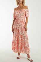 Paisley Bardot Shirred Bodice Midi Dress Dresses WearAll Burnt Orange One Size