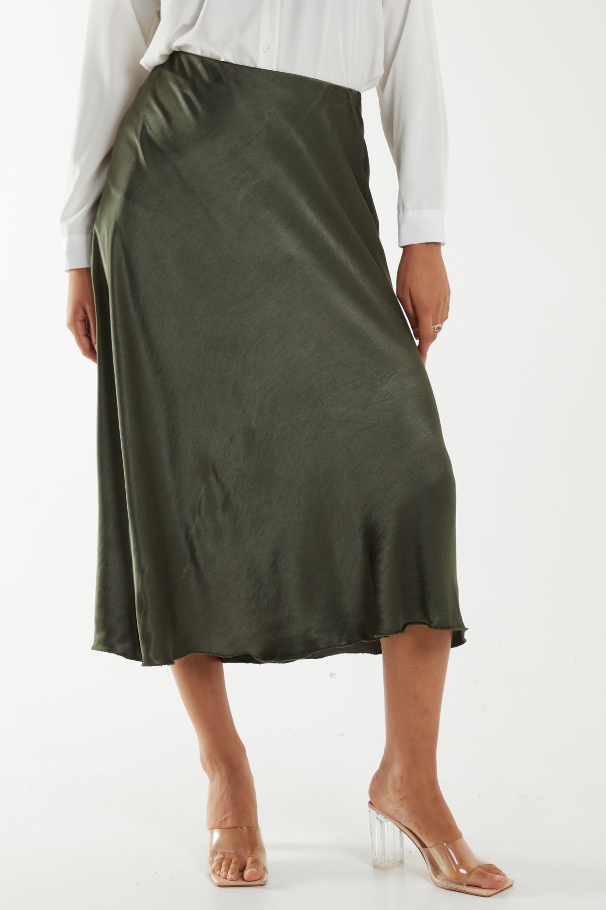 Waistband Satin Midi Skirt Skirts WearAll Khaki One Size
