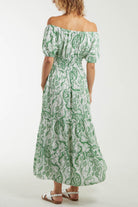 Paisley Bardot Shirred Bodice Midi Dress Dresses WearAll