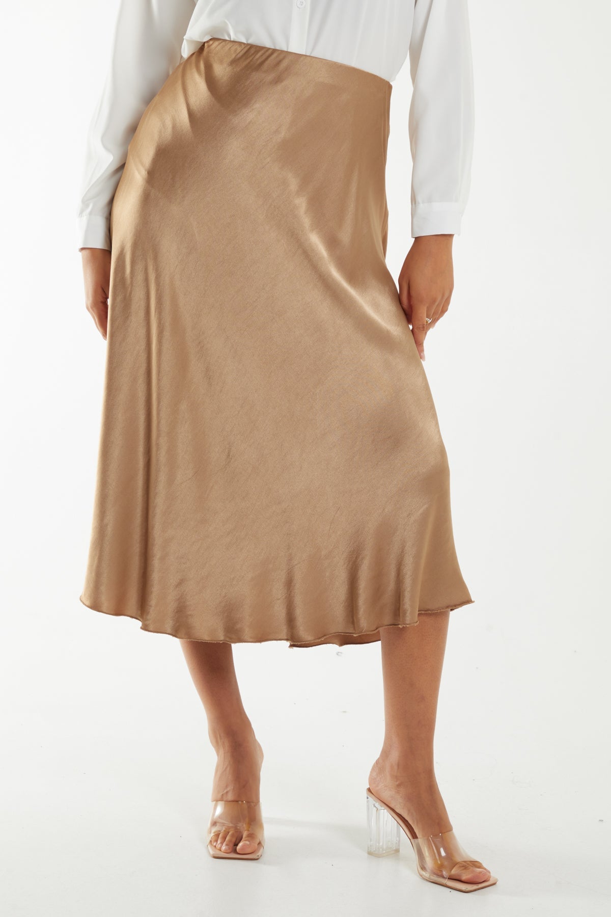 Waistband Satin Midi Skirt Skirts WearAll Camel One Size