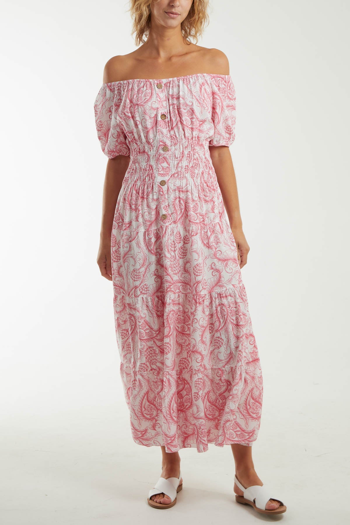 Paisley Bardot Shirred Bodice Midi Dress Dresses WearAll Coral One Size