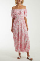 Paisley Bardot Shirred Bodice Midi Dress Dresses WearAll Coral One Size