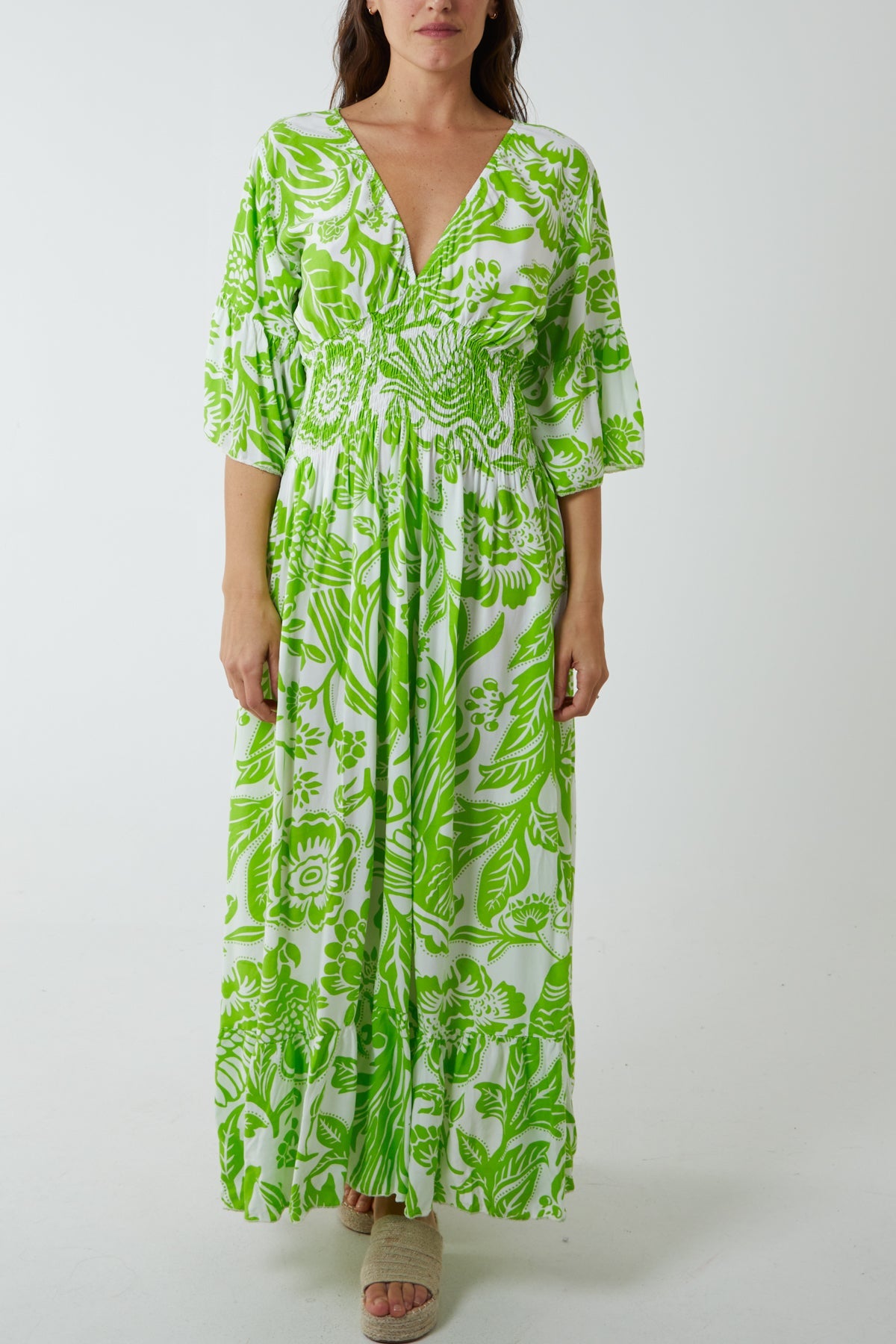 Floral Shirred Waist Maxi Dress DMF2 WearAll Lime Green One Size