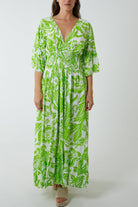 Floral Shirred Waist Maxi Dress DMF2 WearAll Lime Green One Size