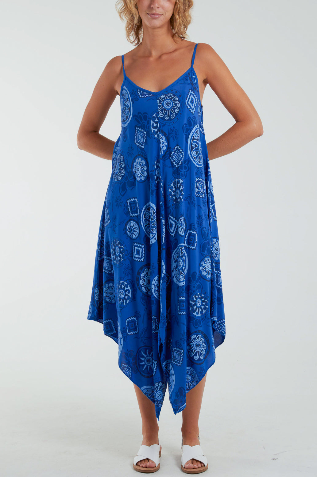 Geometric Tribal Hanky Hem Cami Dress Dresses WearAll Royal Blue One Size