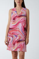 Abstract Swirl Sleeveless Pleated Dress DMF2 WearAll Hot Pink One Size