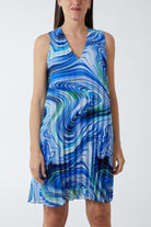 Abstract Swirl Sleeveless Pleated Dress DMF2 WearAll Royal Blue One Size