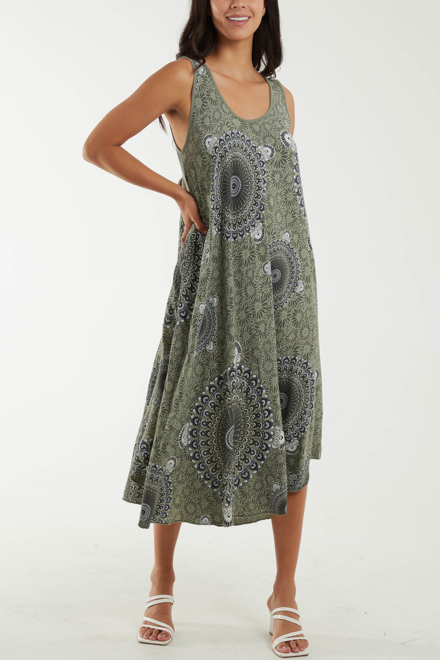Mandala Relaxed Fit Sleeveless Midi Dress Dresses WearAll Khaki One Size