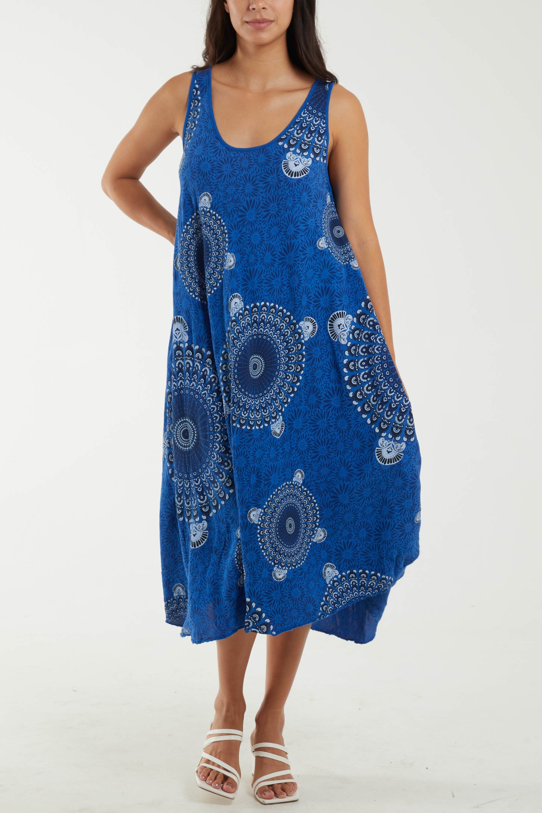 Mandala Relaxed Fit Sleeveless Midi Dress Dresses WearAll Royal Blue One Size
