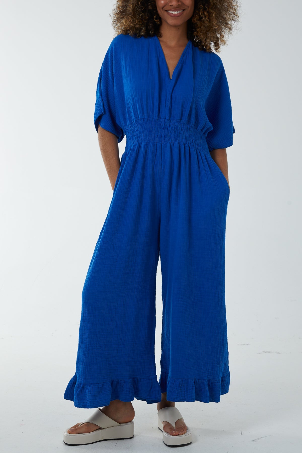 Double V-Neck Frilled Jumpsuit Jumpsuits WearAll Royal Blue One Size