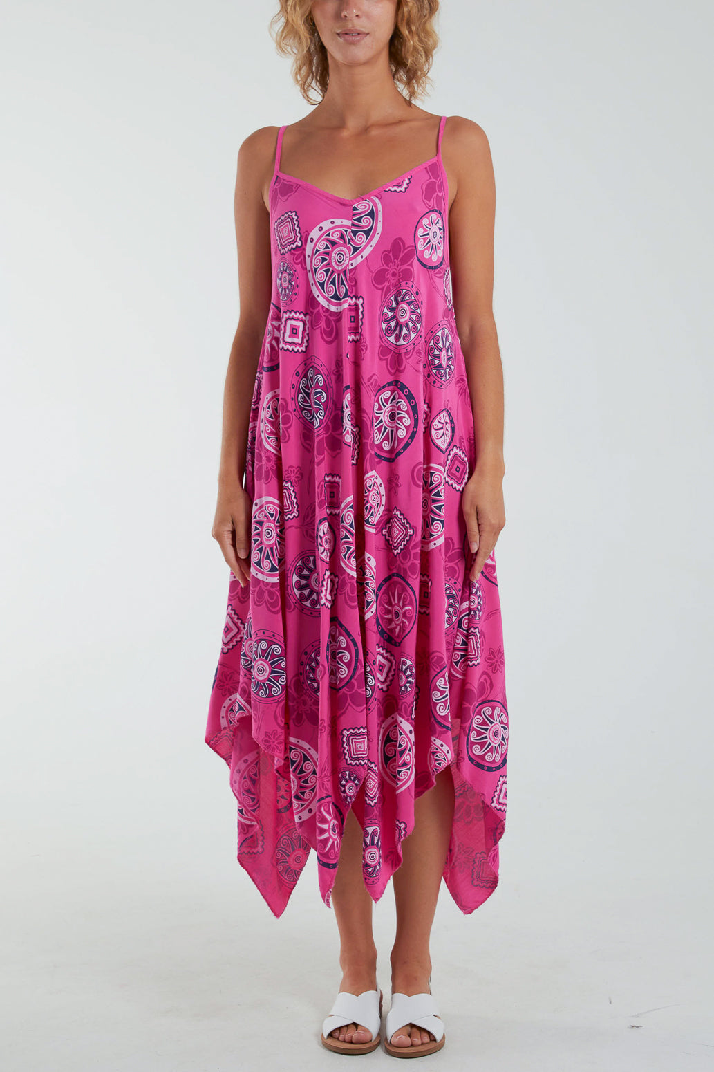 Geometric Tribal Hanky Hem Cami Dress Dresses WearAll Fuchsia One Size