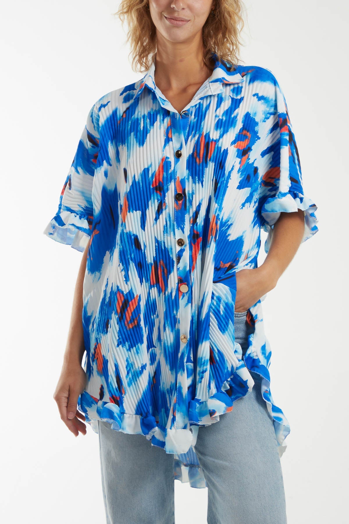 Abstract Tie Dye Frill Hem Plisse Shirt Dresses WearAll Royal Blue One Size