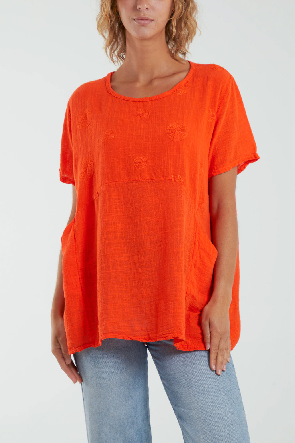 Embroidery Spirals Pocket Top Tops WearAll Orange One Size