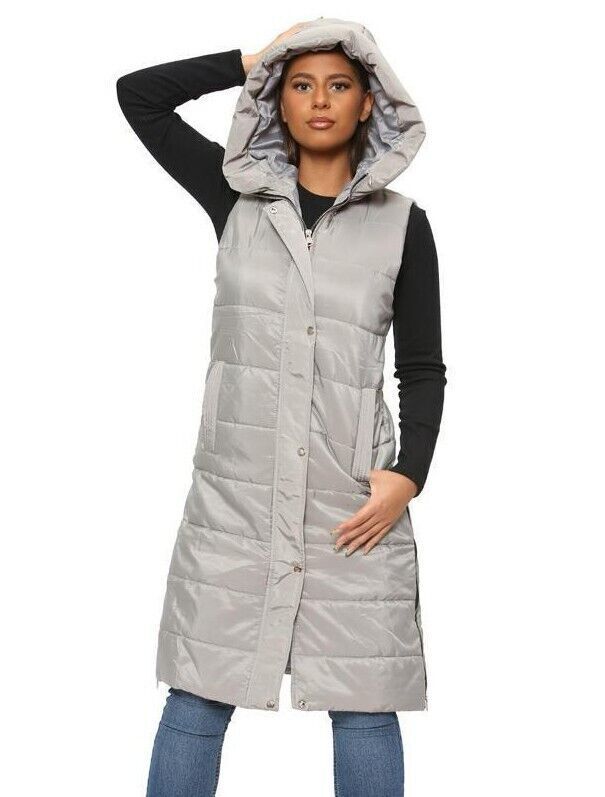Long Line Hooded Puffer Gilet Jacket Zip Up Jacket WearAll Grey S