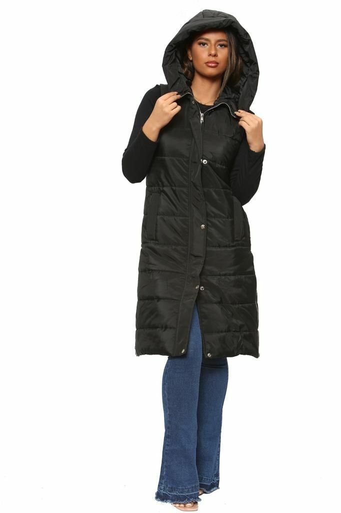 Long Line Hooded Puffer Gilet Jacket Zip Up Jacket WearAll
