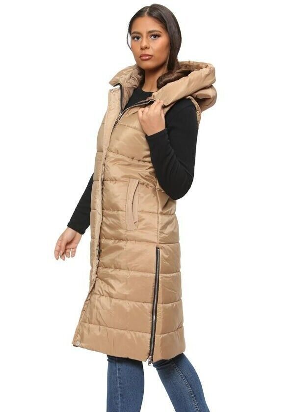 Long Line Hooded Puffer Gilet Jacket Zip Up Jacket WearAll Beige S