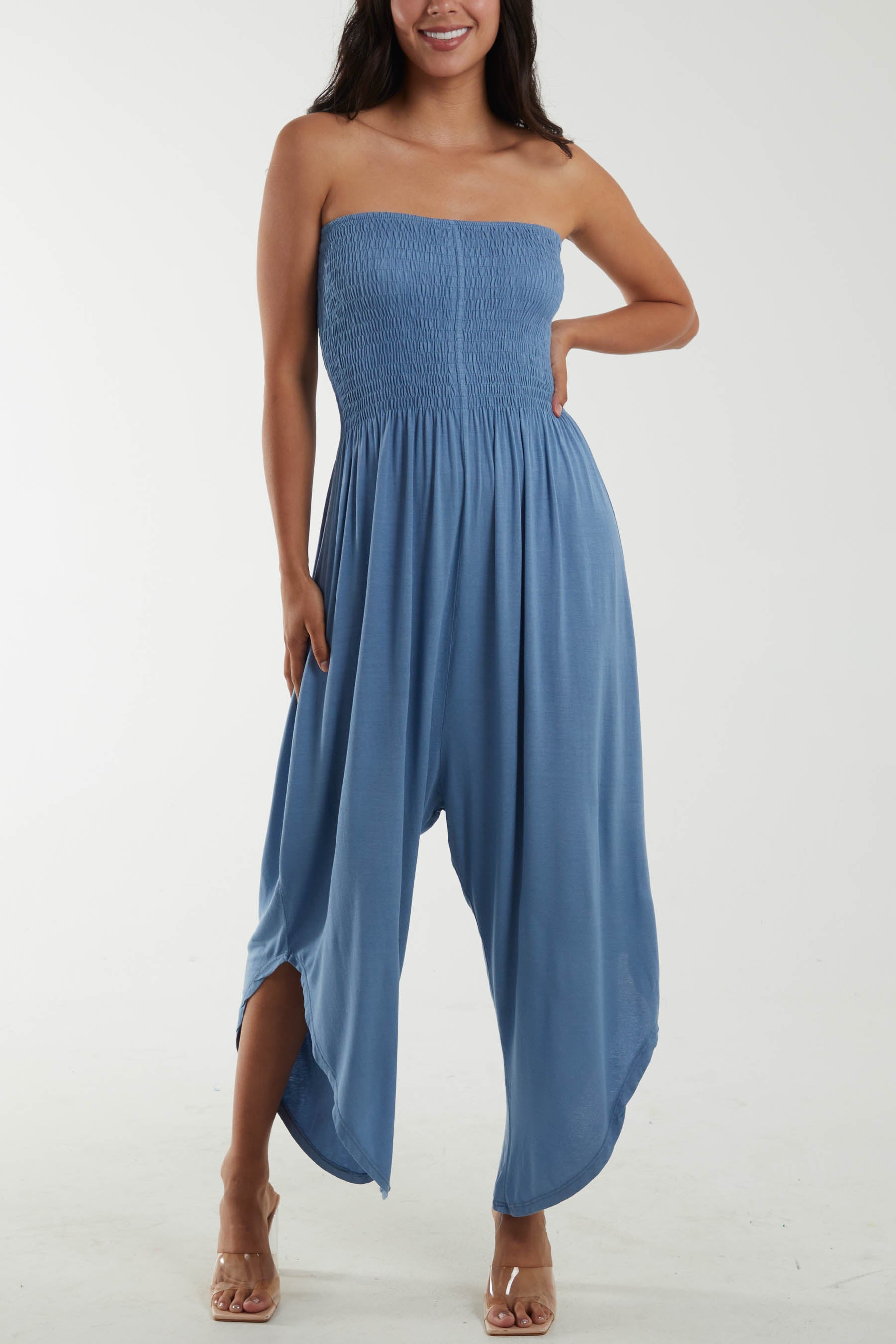 Shirred Top Asymmetric Hem Strapless Jumpsuit Dresses WearAll Denim One Size