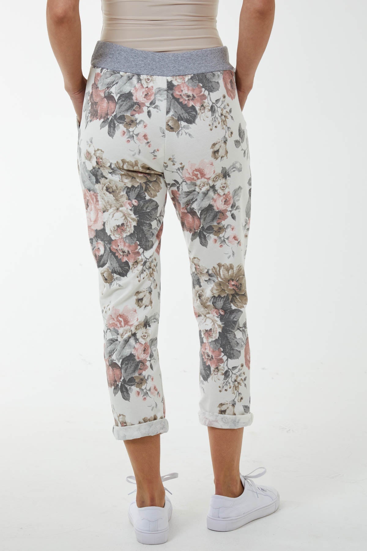 Peony Flower Contrast Waist Trousers Trousers WearAll