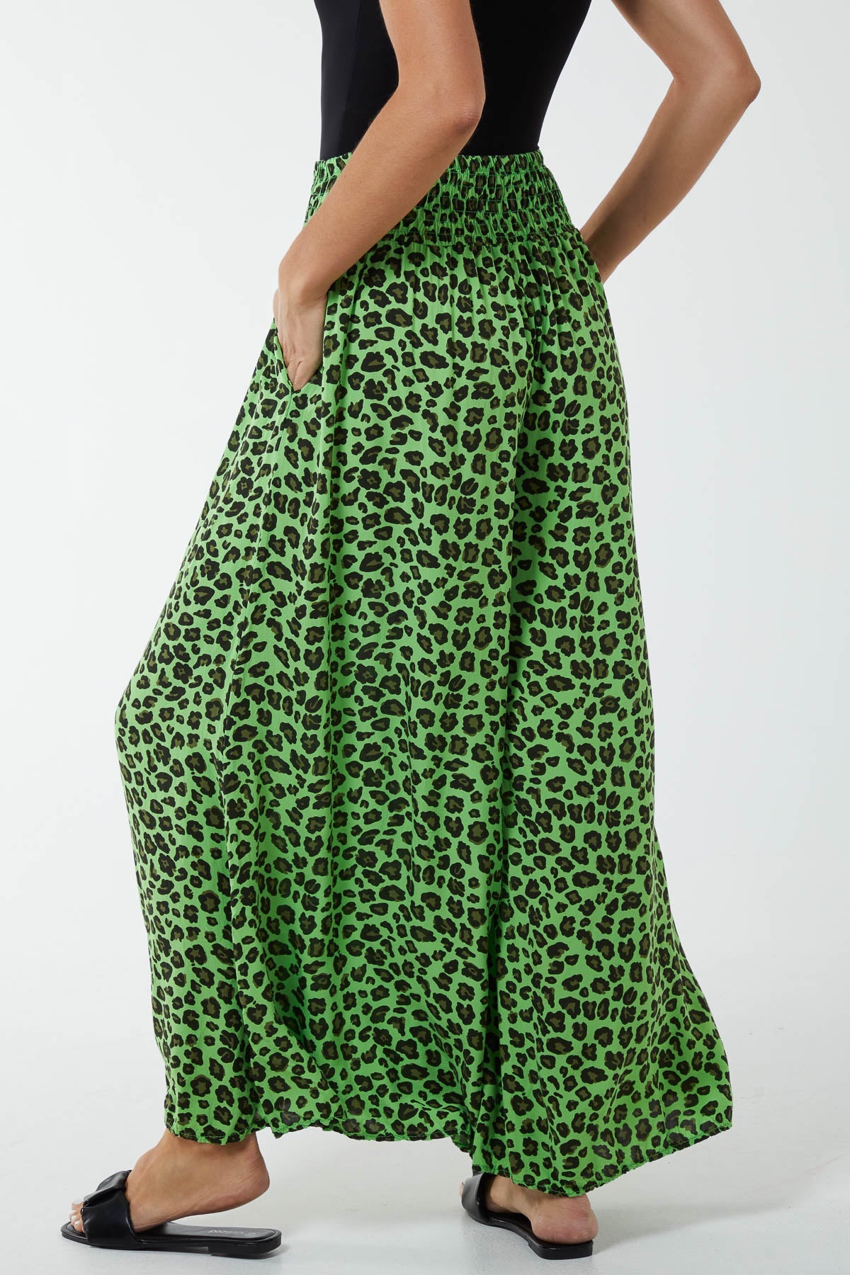 Leopard Print Ruched Waist Wide Leg Trousers TRS1 WearAll Apple Green One Size